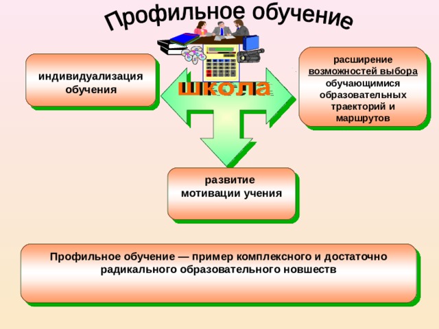 расширение возможностей выбора обучающимися образовательных траекторий и маршрутов  индивидуализация обучения развитие мотивации учения Профильное обучение — пример комплексного и достаточно радикального образовательного новшеств 