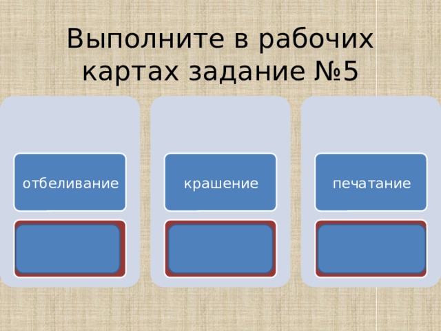 Выполните в рабочих картах задание №5 отбеливание крашение печатание отбеленная гладкокрашеная набивная 