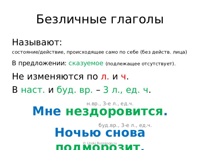 Безличные глаголы Называют: состояние/действие, происходящее само по себе (без действ. лица) В предложении: сказуемое  (подлежащее отсутствует). Не изменяются по л. и ч . В наст. и буд. вр. – 3 л., ед. ч . н.вр., 3-е л., ед.ч. Мне нездоровится . буд.вр., 3-е л., ед.ч. Ночью снова подморозит . © Uroki Russkogo.ru 