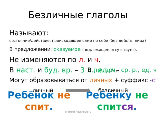 Безличные глаголы Называют: состояние/действие, происходящее само по себе (без действ. лица) В предложении: сказуемое  (подлежащее отсутствует). Не изменяются по л. и ч . В наст. и буд. вр. – 3 л., ед. ч . В пр. вр. – ср. р., ед. ч . Могут образовываться от личных + суффикс -ся . личный безличный Ребёнок не спит . Ребёнку не спит ся . © Uroki Russkogo.ru 