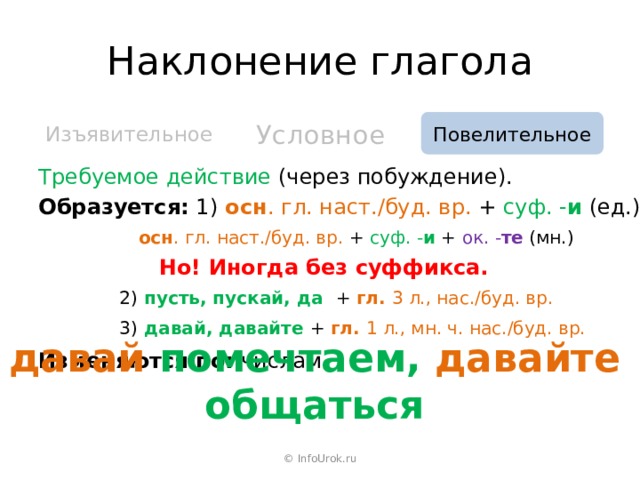 Наклонение глагола Повелительное Условное Изъявительное Требуемое действие (через побуждение). Образуется: 1)  осн . гл. наст./буд. вр. + суф. - и  (ед.)   осн . гл. наст./буд. вр. + суф. - и  +  ок. - те  (мн.)   Но! Иногда без суффикса.   2)  пусть, пускай, да + гл. 3 л., нас./буд. вр.   3)  давай, давайте + гл. 1 л., мн. ч. нас./буд. вр. Изменяются по: числам. давай помечтаем, давайте общаться © InfoUrok.ru 
