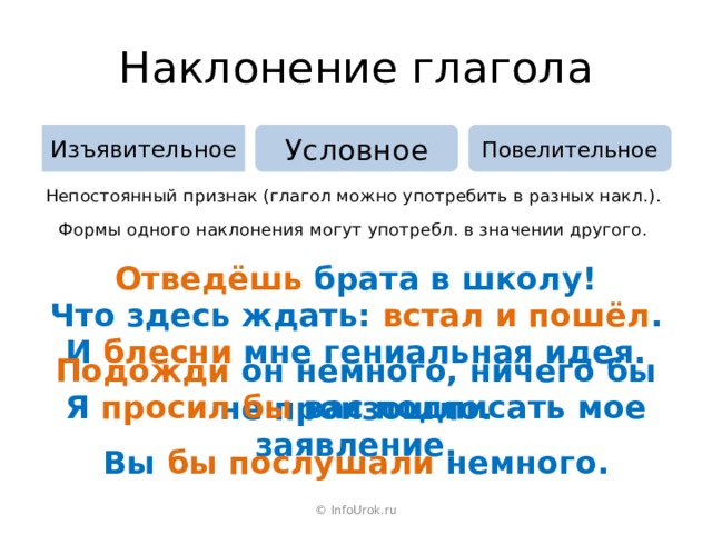 Наклонение глагола Повелительное Условное Изъявительное Непостоянный признак (глагол можно употребить в разных накл.). Формы одного наклонения могут употребл. в значении другого. Отведёшь брата в школу! Что здесь ждать: встал и пошёл . И блесни мне гениальная идея. Подожди он немного, ничего бы не произошло. Я просил бы вас подписать мое заявление. Вы бы послушали немного. © InfoUrok.ru 