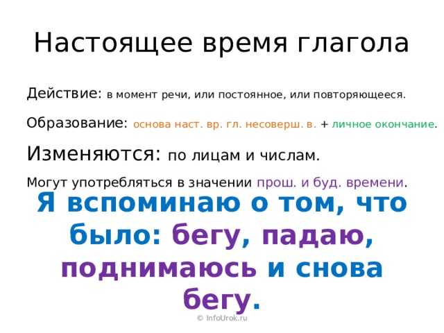 Настоящее время глагола Действие: в момент речи, или постоянное, или повторяющееся. Образование: основа наст. вр. гл. несоверш. в. + личное окончание . Изменяются: по лицам и числам. Могут употребляться в значении прош. и буд. времени . Я вспоминаю о том, что было: бегу , падаю , поднимаюсь и снова бегу . © InfoUrok.ru 