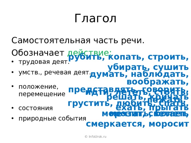 Глагол Самостоятельная часть речи. Обозначает действие: трудовая деят. рубить, копать, строить, убирать, сушить умств., речевая деят. думать, наблюдать, воображать, представлять, говорить, решать, кричать положение, перемещение идти, лететь, стоять, лежать,  ехать, прыгать состояния грустить, любить, спать, мечтать, болеть природные события морозит, светает, смеркается, моросит © InfoUrok.ru 