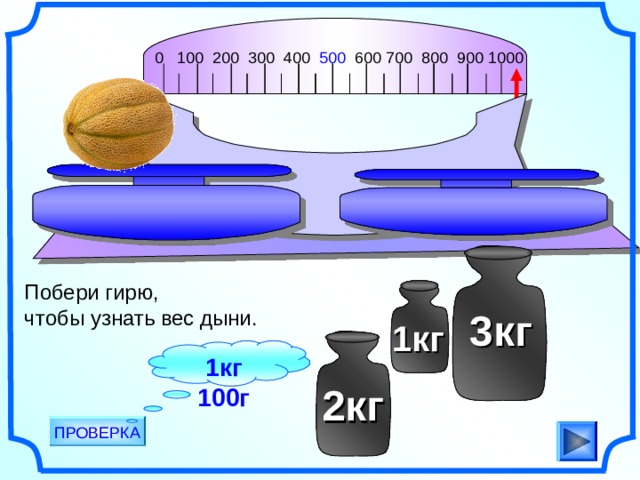 0 100 200 300 400 500 600 700 800 900 1000                                       Побери гирю, чтобы узнать вес дыни.  3кг Рисунки Савченко Е.М. 1кг 1 кг 1 00г 2кг ПРОВЕРКА 
