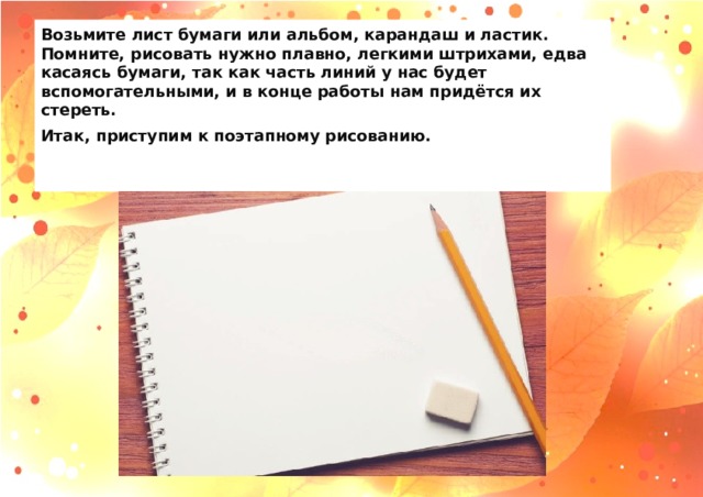 Возьмите лист бумаги или альбом, карандаш и ластик.  Помните, рисовать нужно плавно, легкими штрихами, едва касаясь бумаги, так как часть линий у нас будет вспомогательными, и в конце работы нам придётся их стереть. Итак, приступим к поэтапному рисованию.    