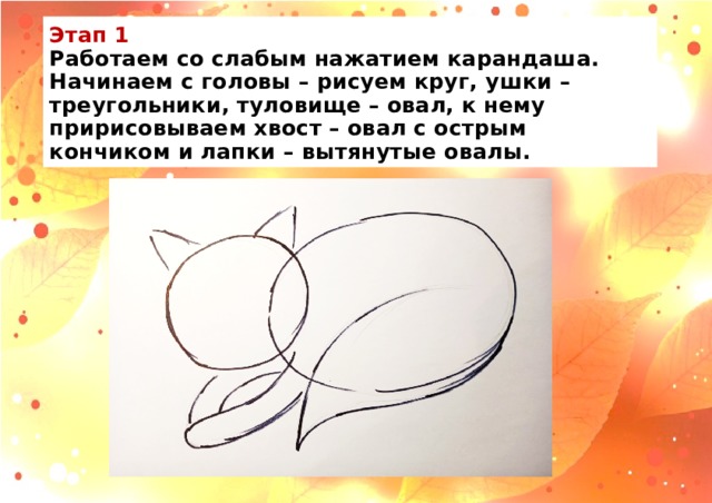 Этап 1  Работаем со слабым нажатием карандаша.  Начинаем с головы – рисуем круг, ушки – треугольники, туловище – овал, к нему пририсовываем хвост – овал с острым кончиком и лапки – вытянутые овалы. 