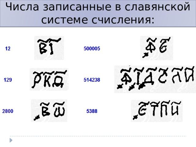 Числа записанные в славянской системе счисления: 