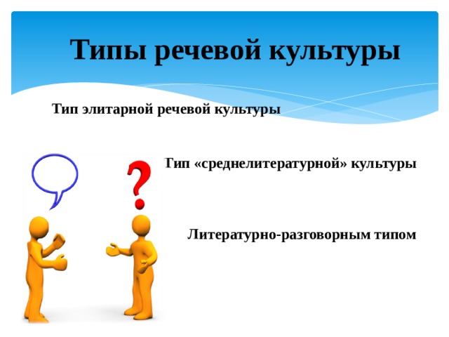 Типы речевой культуры Тип элитарной речевой культуры Тип «среднелитературной» культуры Литературно-разговорным типом 
