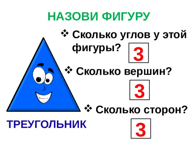 НАЗОВИ ФИГУРУ Сколько углов у этой фигуры? 3 Сколько вершин? 3 Сколько сторон? ТРЕУГОЛЬНИК 3 