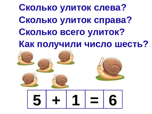 Сколько улиток слева? Сколько улиток справа? Сколько всего улиток? Как получили число шесть? 5 1 6 + = 