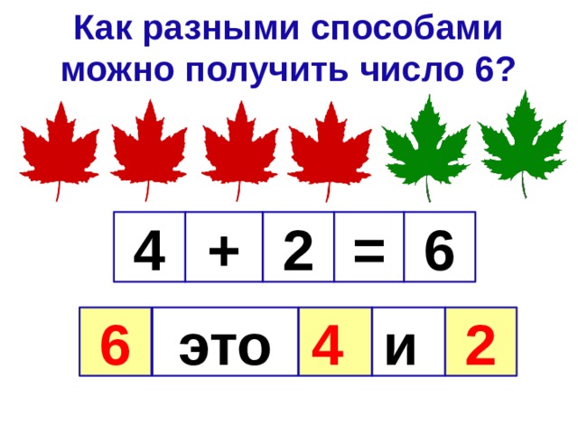 Как разными способами можно получить число 6? 4 2 + = 6 6 это 4  и 2 