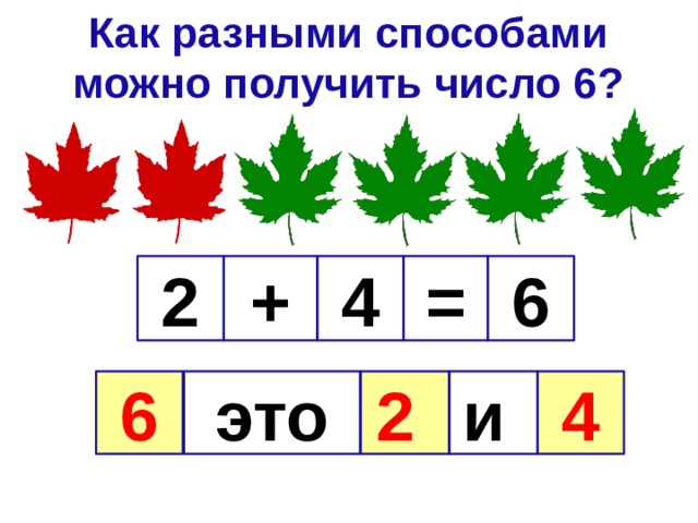 Как разными способами можно получить число 6? 2 4 6 + = 6 это 2  и 4 