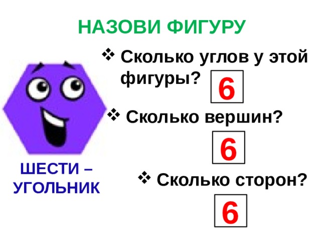 НАЗОВИ ФИГУРУ Сколько углов у этой фигуры? 6 Сколько вершин? 6 ШЕСТИ – УГОЛЬНИК Сколько сторон? 6 