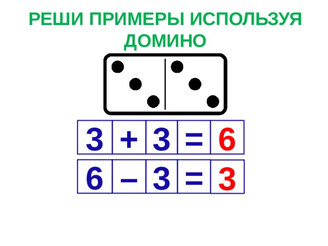 РЕШИ ПРИМЕРЫ ИСПОЛЬЗУЯ ДОМИНО 3 + 3 = 6 6 – 3 = 3 