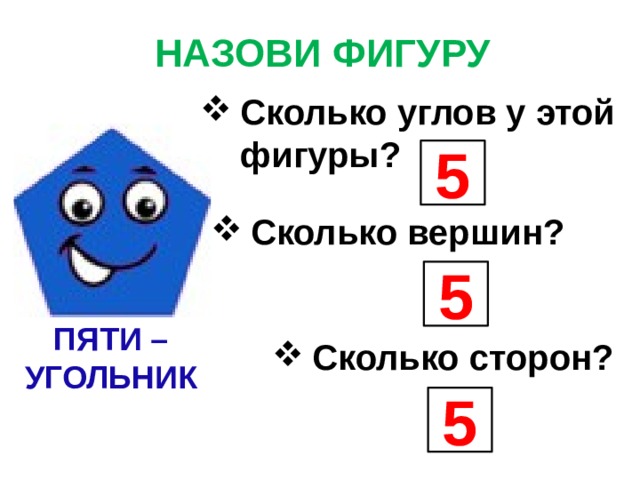 НАЗОВИ ФИГУРУ Сколько углов у этой фигуры? 5 Сколько вершин? 5 ПЯТИ – УГОЛЬНИК Сколько сторон? 5 