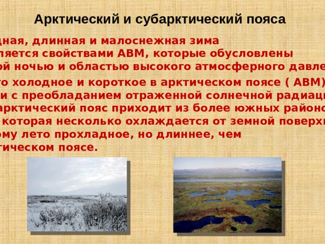 Арктический и субарктический пояса Холодная, длинная и малоснежная зима определяется свойствами АВМ, которые обусловлены полярной ночью и областью высокого атмосферного давления. 2. Лето холодное и короткое в арктическом поясе ( АВМ), в связи с преобладанием отраженной солнечной радиации. В субарктический пояс приходит из более южных районов  УВМ, которая несколько охлаждается от земной поверхности,  поэтому лето прохладное, но длиннее, чем в арктическом поясе.  