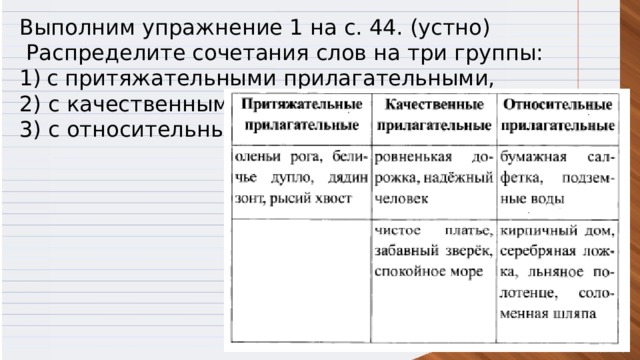 Выполним упражнение 1 на с. 44. (устно)  Распределите сочетания слов на три группы: с притяжательными прилагательными, 2) с качественными, 3) с относительными. 