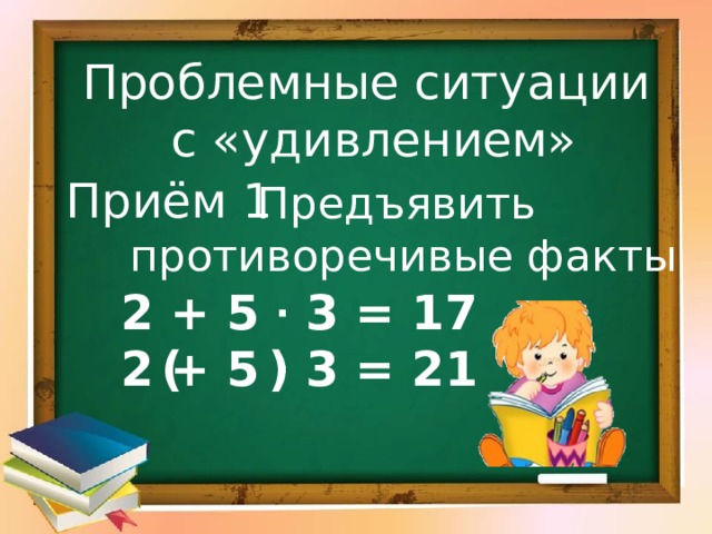 Проблемные ситуации  с «удивлением» Приём 1 Предъявить противоречивые факты 2 + 5 ∙ 3 = 17 2 + 5 ∙ 3 = 21 ( ) 