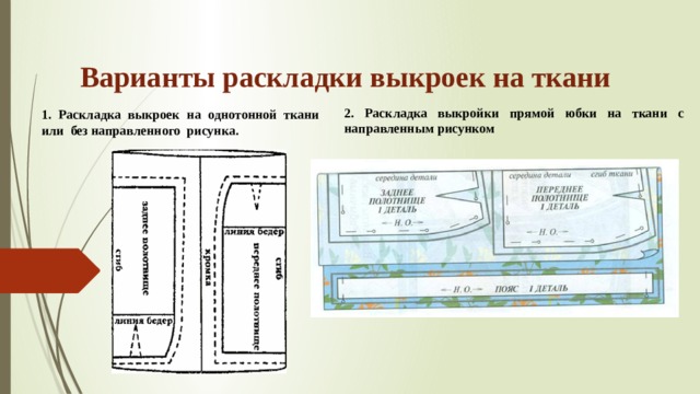 Варианты раскладки выкроек на ткани 2. Раскладка выкройки прямой юбки на ткани с направленным рисунком 1. Раскладка выкроек на однотонной ткани или без направленного рисунка. 