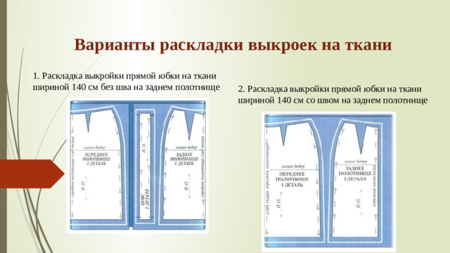 Варианты раскладки выкроек на ткани 1.  Раскладка выкройки прямой юбки на ткани шириной 140 см без шва на заднем полотнище 2.  Раскладка выкройки прямой юбки на ткани шириной 140 см со швом на заднем полотнище 