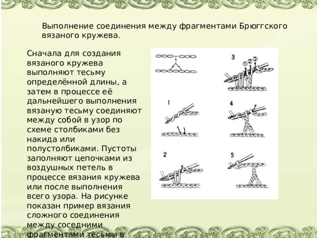 Выполнение соединения между фрагментами Брюггского вязаного кружева. Сначала для создания вязаного кружева выполняют тесьму определённой длины, а затем в процессе её дальнейшего выполнения вязаную тесьму соединяют между собой в узор по схеме столбиками без накида или полустолбиками. Пустоты заполняют цепочками из воздушных петель в процессе вязания кружева или после выполнения всего узора. На рисунке показан пример вязания сложного соединения между соседними фрагментами тесьмы в орнаменте. 