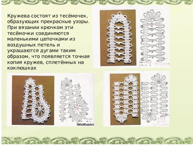 Кружева состоят из тесёмочек, образующих прекрасные узоры. При вязании крючком эти тесёмочки соединяются маленькими цепочками из воздушных петель и украшаются дугами таким образом, что появляется точная копия кружев, сплетённых на коклюшках 