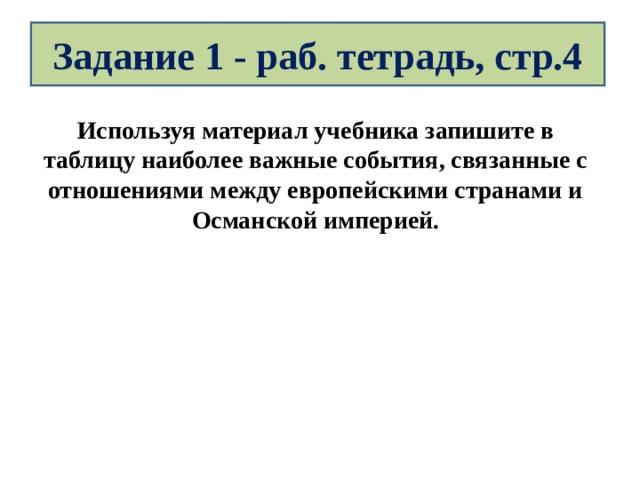 Задание 1 - раб. тетрадь, стр.4 Используя материал учебника запишите в таблицу наиболее важные события, связанные с отношениями между европейскими странами и Османской империей. 
