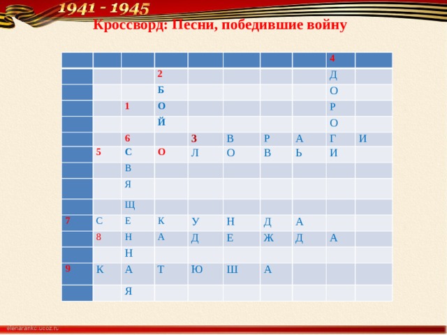 Кроссворд: Песни, победившие войну                         2         Б   1             О     6 5       Й С         4         Д В   3   О         7 Я О Л В О Р   С   Р     Щ   В А О         Е 8   9 Ь   Н   Г     К А Н К У   И И       А       Н   Д     Т Я       Е   Д А   Ж   Ю     Ш       Д     А А                         