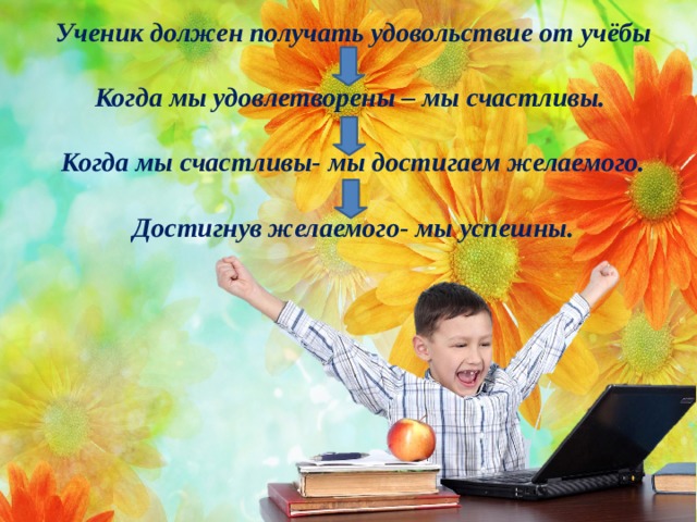 Ученик должен получать удовольствие от учёбы   Когда мы удовлетворены – мы счастливы.    Когда мы счастливы- мы достигаем желаемого.   Достигнув желаемого- мы успешны.  