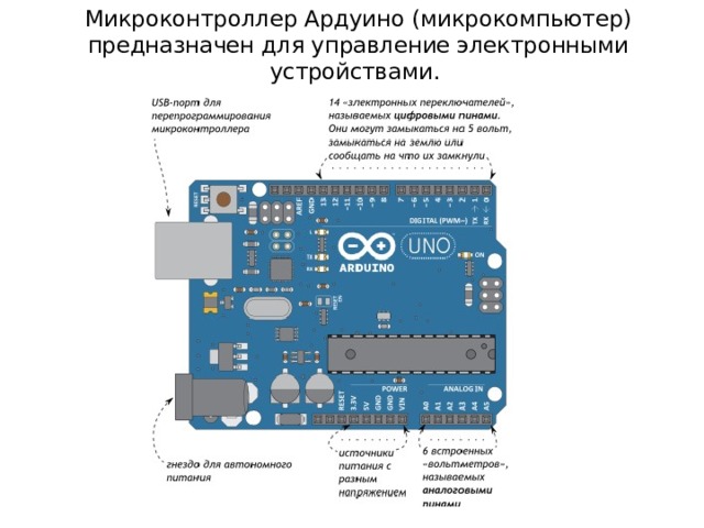 Микроконтроллер Ардуино (микрокомпьютер) предназначен для управление электронными устройствами. 