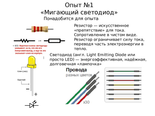 Опыт №1  «Мигающий светодиод» Понадобится для опыта Резистор — искусственное «препятствие» для тока. Сопротивление в чистом виде. Резистор ограничивает силу тока, переводя часть электроэнергии в тепло. Светодиод (англ. Light Emitting Diode или просто LED) — энергоэффективная, надёжная, долговечная «лампочка» 