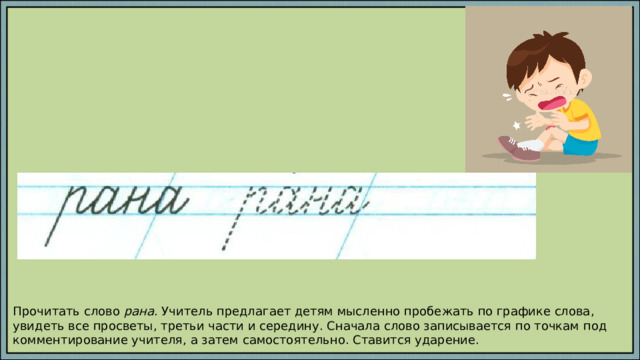 Прочитать слово рана . Учитель предлагает детям мысленно пробежать по графике слова, увидеть все просветы, третьи части и середину. Сначала слово записывается по точкам под комментирование учителя, а затем самостоятельно. Ставится ударение. 
