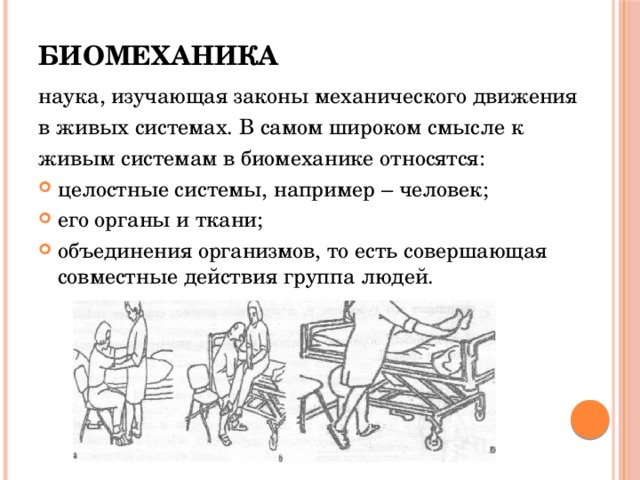 Биомеханика наука, изучающая законы механического движения в живых системах. В самом широком смысле к живым системам в биомеханике относятся: целостные системы, например – человек; его органы и ткани; объединения организмов, то есть совершающая совместные действия группа людей. 
