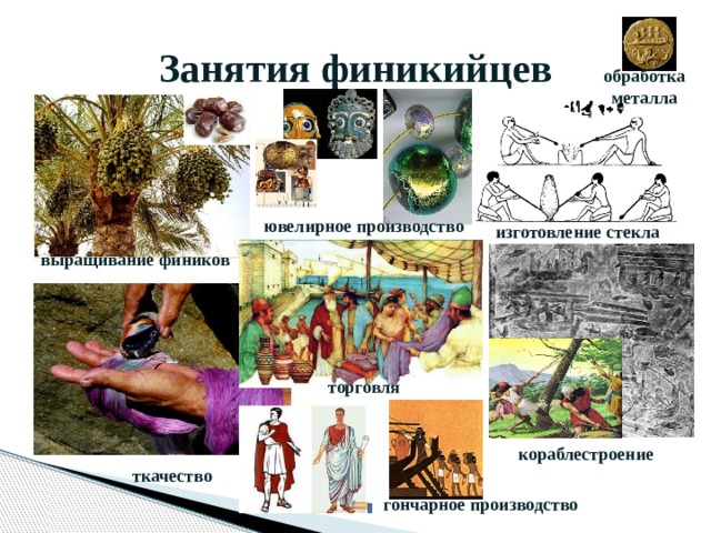 Занятия финикийцев обработка металла ювелирное производство изготовление стекла выращивание фиников торговля кораблестроение ткачество гончарное производство 