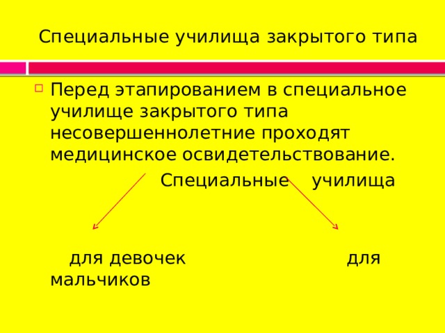 Специальные училища закрытого типа Перед этапированием в специальное училище закрытого типа несовершеннолетние проходят медицинское освидетельствование.  Специальные училища  для девочек для мальчиков 
