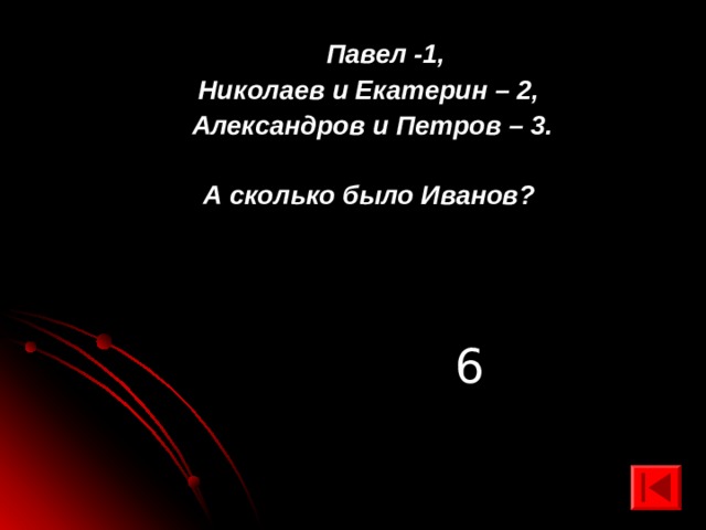  Павел -1, Николаев и Екатерин – 2, Александров и Петров – 3.  А сколько было Иванов? 6 