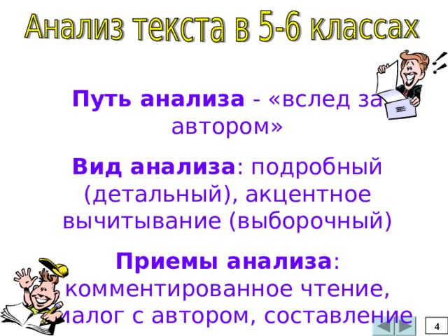 Путь анализа - «вслед за автором» Вид анализа : подробный (детальный), акцентное вычитывание (выборочный) Приемы анализа : комментированное чтение, диалог с автором, составление «партитуры текста», выделение ключевых слов 4 