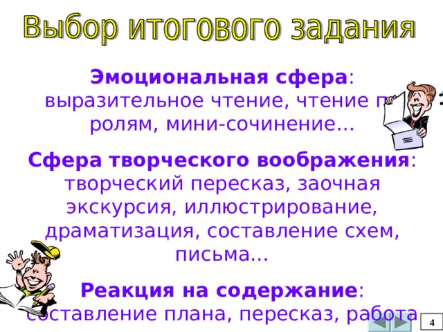 Эмоциональная сфера : выразительное чтение, чтение по ролям, мини-сочинение… Сфера творческого воображения : творческий пересказ, заочная экскурсия, иллюстрирование, драматизация, составление схем, письма… Реакция на содержание : составление плана, пересказ, работа с иллюстрациями, рассказ о герое… Реакция на форму : стилистический эксперимент… 4 