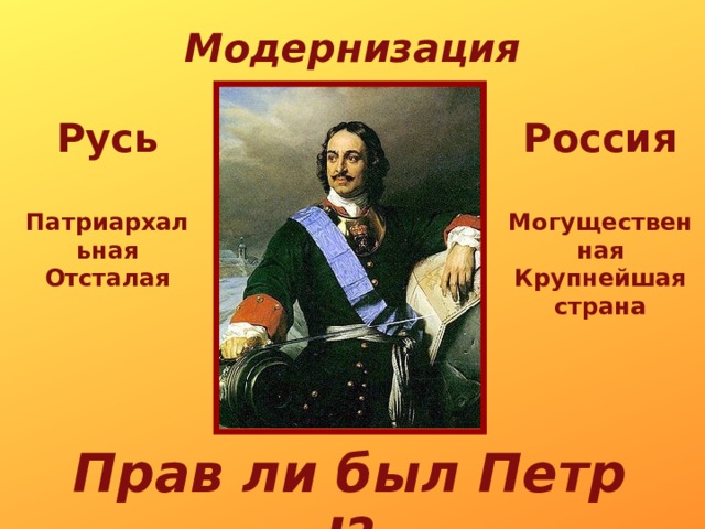 Модернизация Русь Россия   Патриархальная Могущественная Отсталая Крупнейшая страна Прав ли был Петр I? 