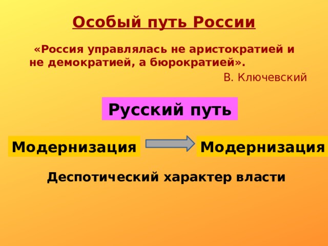 Особый путь России    «Россия управлялась не аристократией и не демократией, а бюрократией».  В. Ключевский Русский путь Модернизация Модернизация Деспотический характер власти 