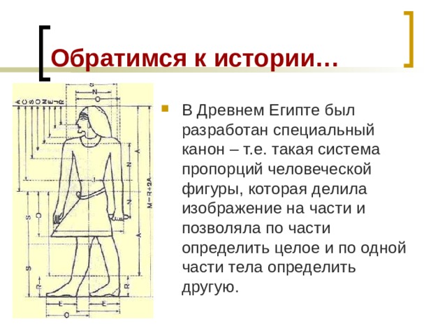 Обратимся к истории… В Древнем Египте был разработан специальный канон – т.е. такая система пропорций человеческой фигуры, которая делила изображение на части и позволяла по части определить целое и по одной части тела определить другую. 