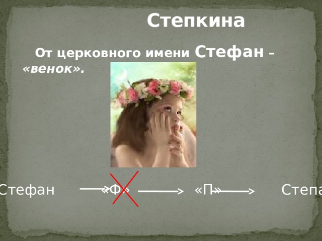  Степкина От церковного имени Стефан – «венок». Стефан «Ф» «П» Степан 