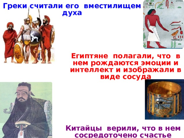 Греки считали его вместилищем духа Египтяне полагали, что в нем рождаются эмоции и интеллект и изображали в виде сосуда Китайцы верили, что в нем сосредоточено счастье 