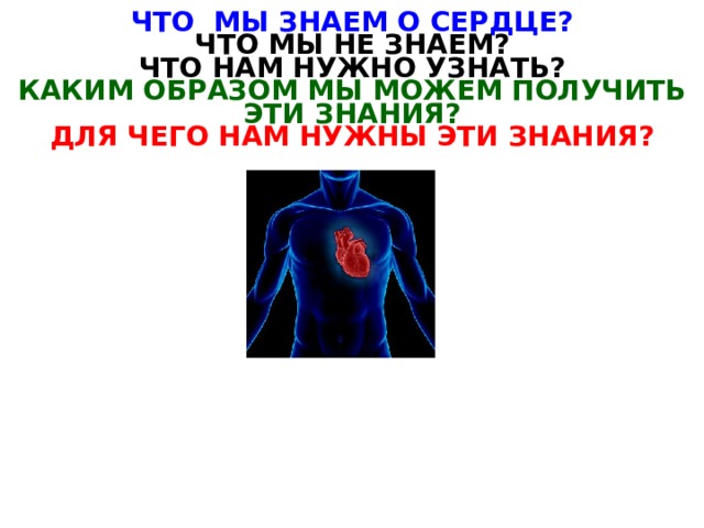 ЧТО МЫ ЗНАЕМ О СЕРДЦЕ? ЧТО МЫ НЕ ЗНАЕМ? ЧТО НАМ НУЖНО УЗНАТЬ? КАКИМ ОБРАЗОМ МЫ МОЖЕМ ПОЛУЧИТЬ ЭТИ ЗНАНИЯ? ДЛЯ ЧЕГО НАМ НУЖНЫ ЭТИ ЗНАНИЯ? 
