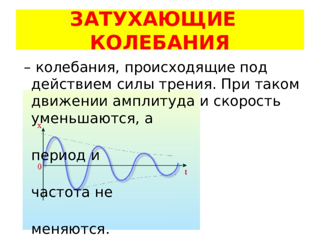 ЗАТУХАЮЩИЕ КОЛЕБАНИЯ – колебания, происходящие под действием силы трения. При таком движении амплитуда и скорость уменьшаются, а  период и  частота не  меняются. 