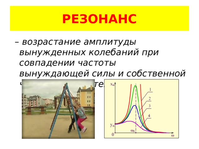 РЕЗОНАНС  – возрастание амплитуды вынужденных колебаний при совпадении частоты вынуждающей силы и собственной частоты колебательной системы 