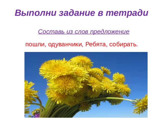 Выполни задание в тетради Составь из слов предложение пошли, одуванчики, Ребята, собирать. 