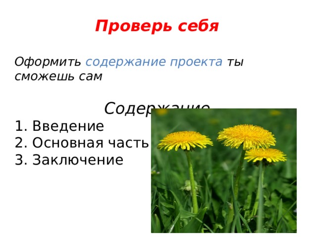 Проверь себя  Оформить содержание проекта ты сможешь сам  Содержание 1. Введение 2. Основная часть 3. Заключение 