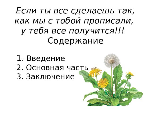 Если ты все сделаешь так, как мы с тобой прописали, у тебя все получится!!! Содержание  1 . Введение 2. Основная часть 3. Заключение 
